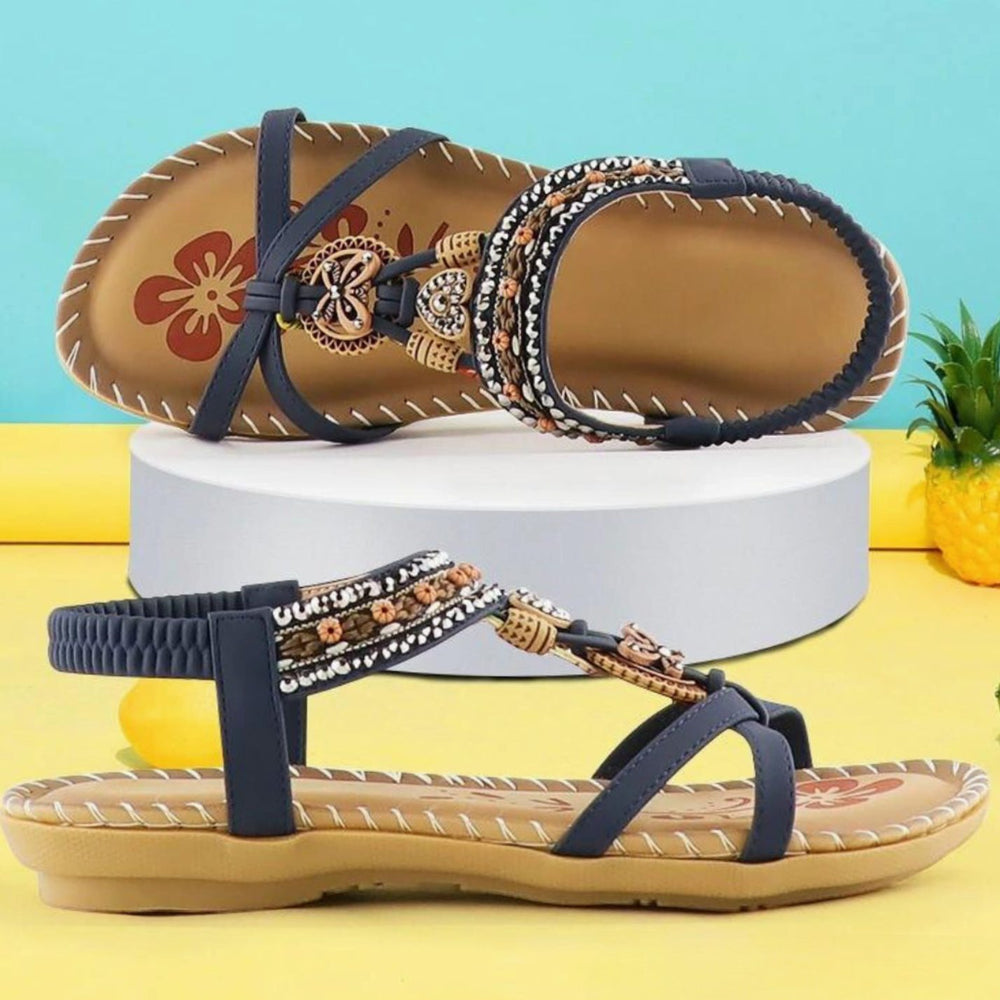 Women's Bohemian Beaded Elastic Ankle-Strap Flat Sandals - Teal