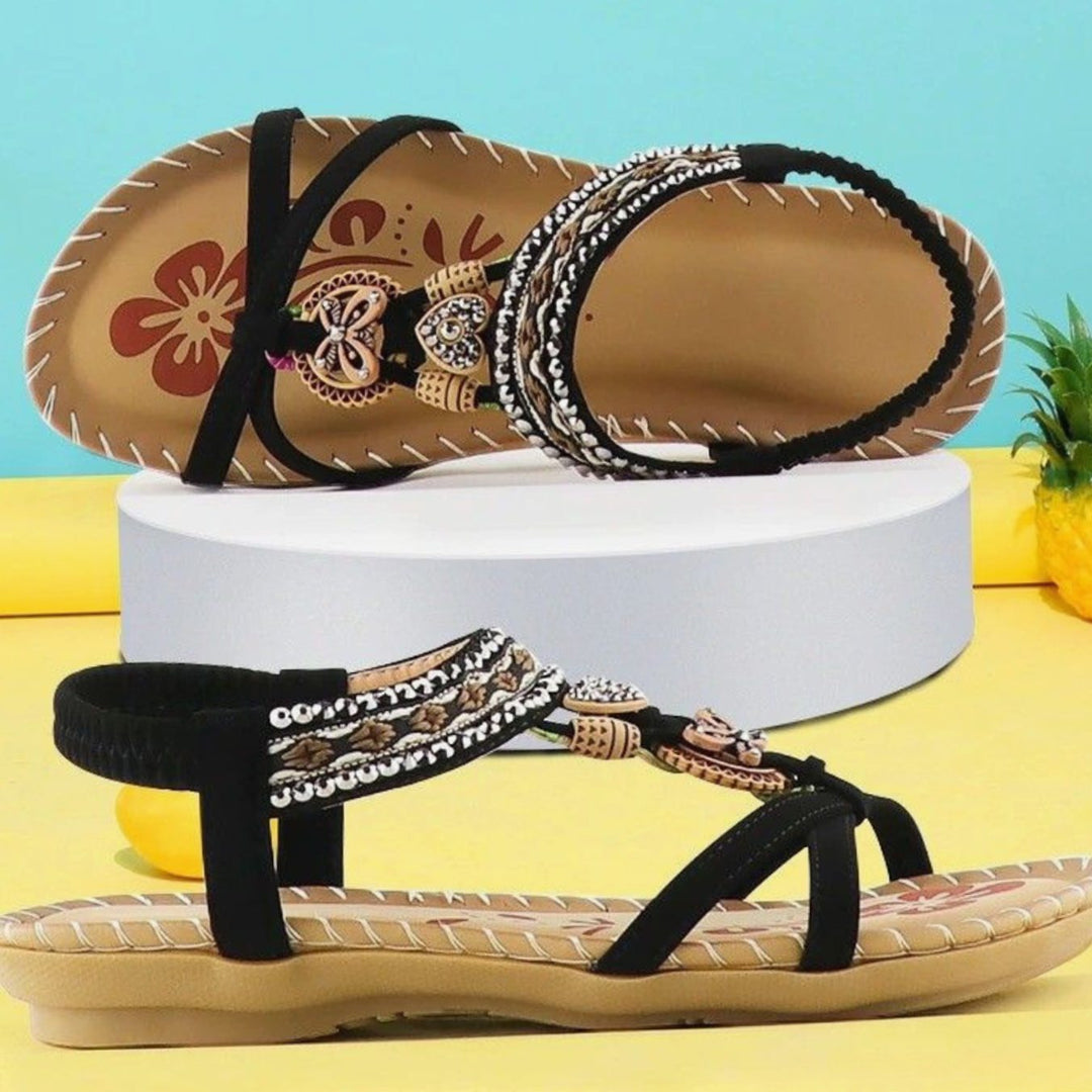Women's Bohemian Beaded Elastic Ankle-Strap Flat Sandals - Black