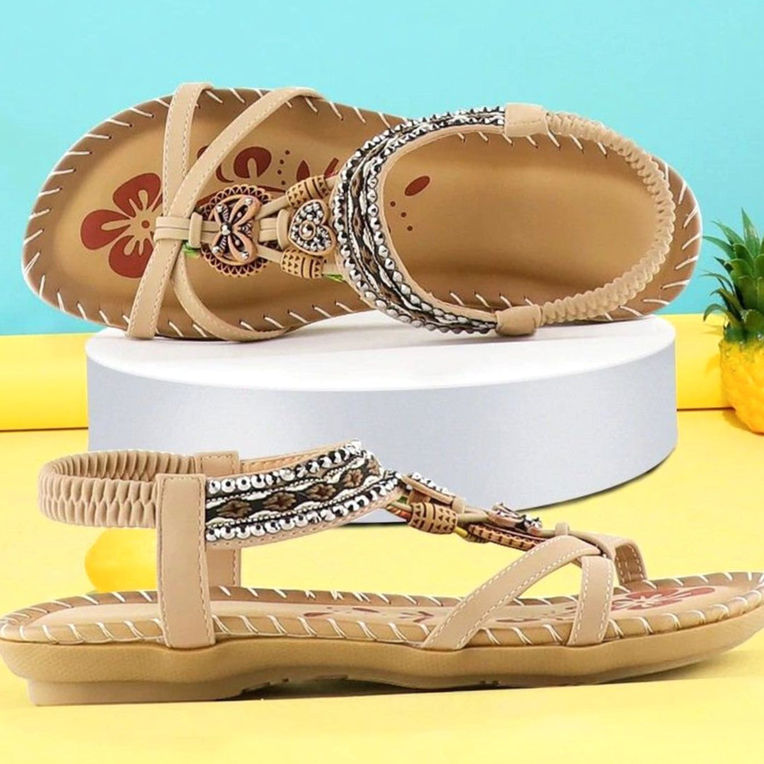 Women's Bohemian Beaded Elastic Ankle-Strap Flat Sandals - Beige
