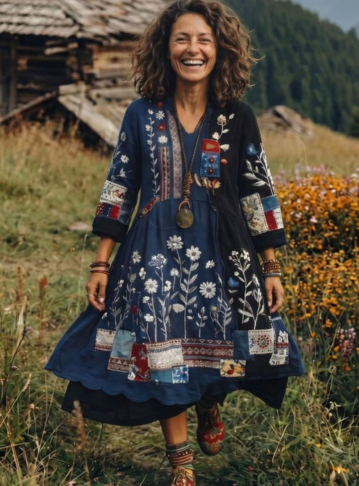 Women's Boho Embroidered Patchwork Long-Sleeve Midi Dress