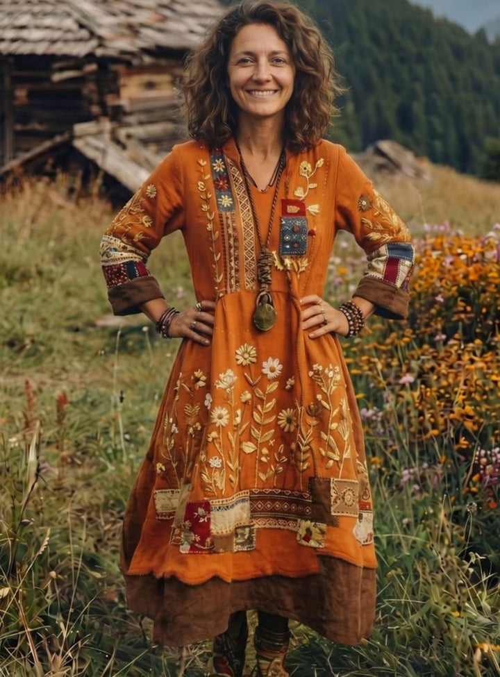 Women's Boho Embroidered Patchwork Long-Sleeve Midi Dress