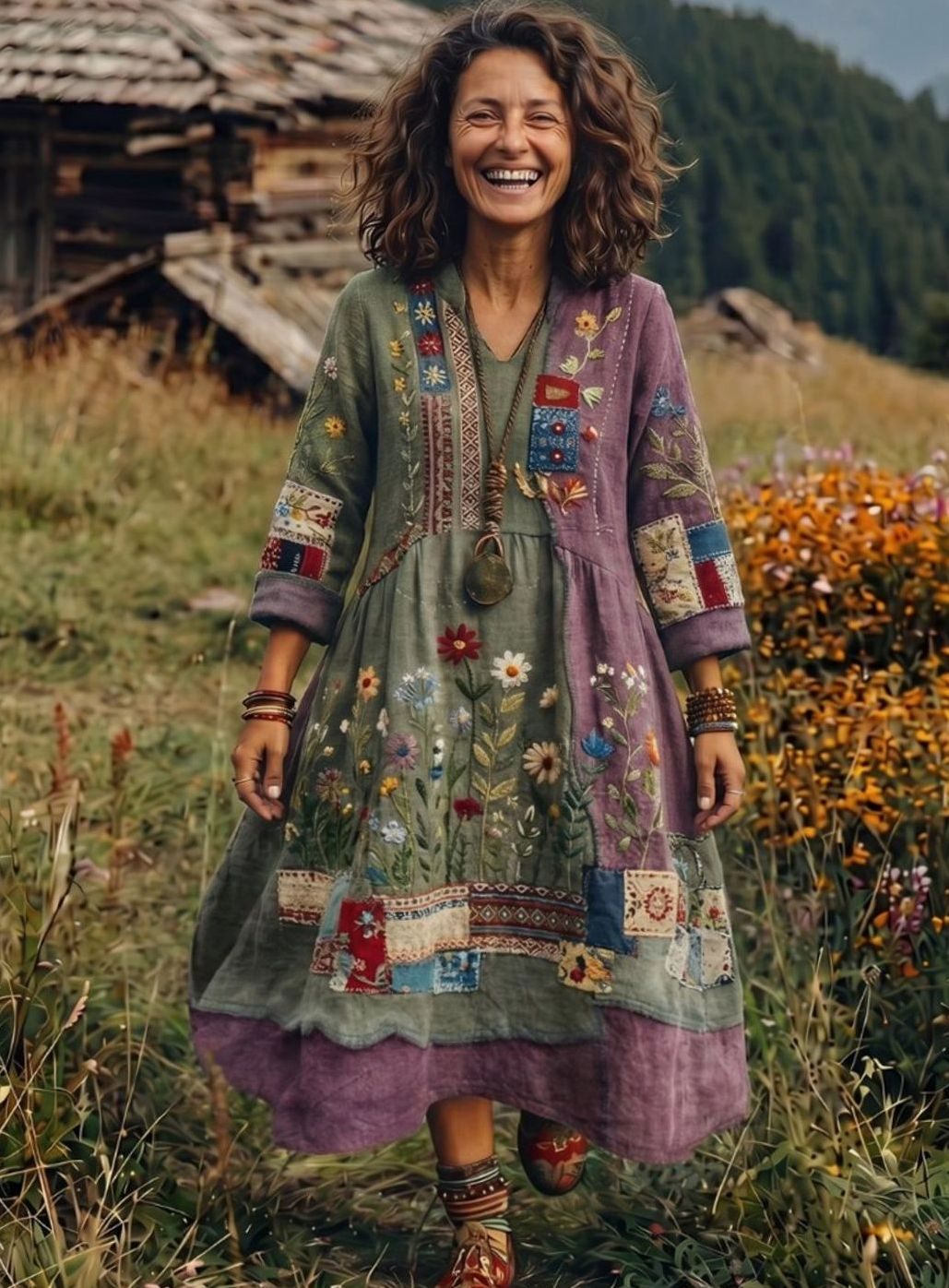 Women's Boho Embroidered Patchwork Long-Sleeve Midi Dress