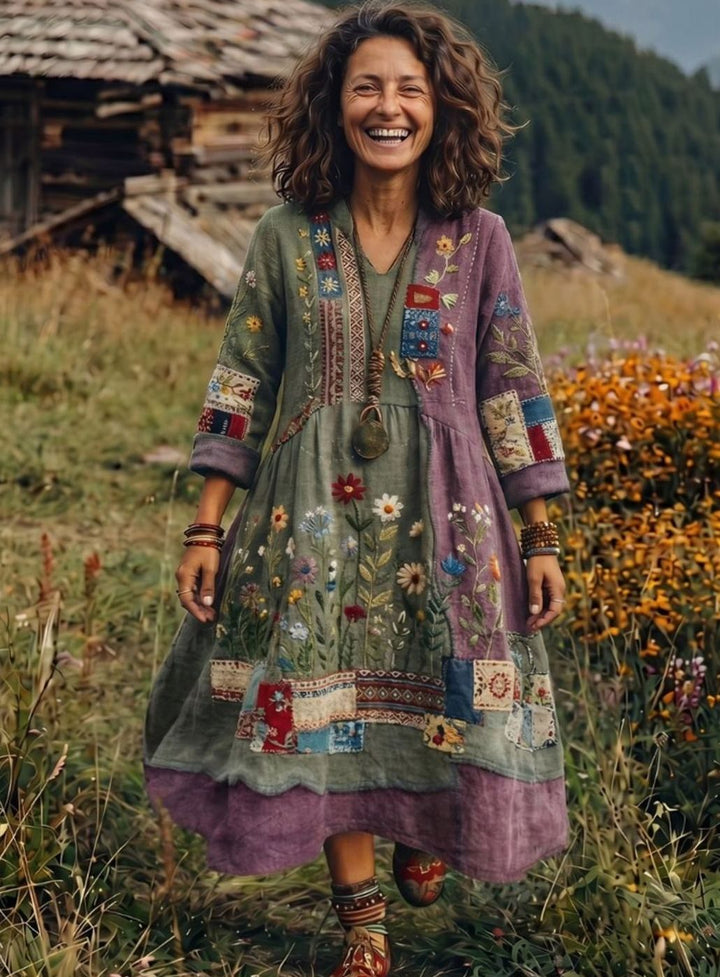 Women's Boho Embroidered Patchwork Long-Sleeve Midi Dress