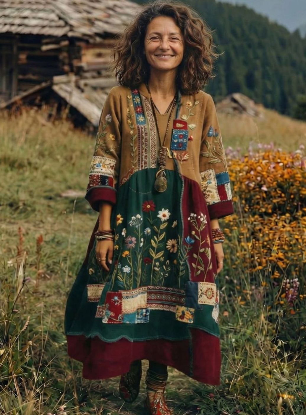 Women's Boho Embroidered Patchwork Long-Sleeve Midi Dress
