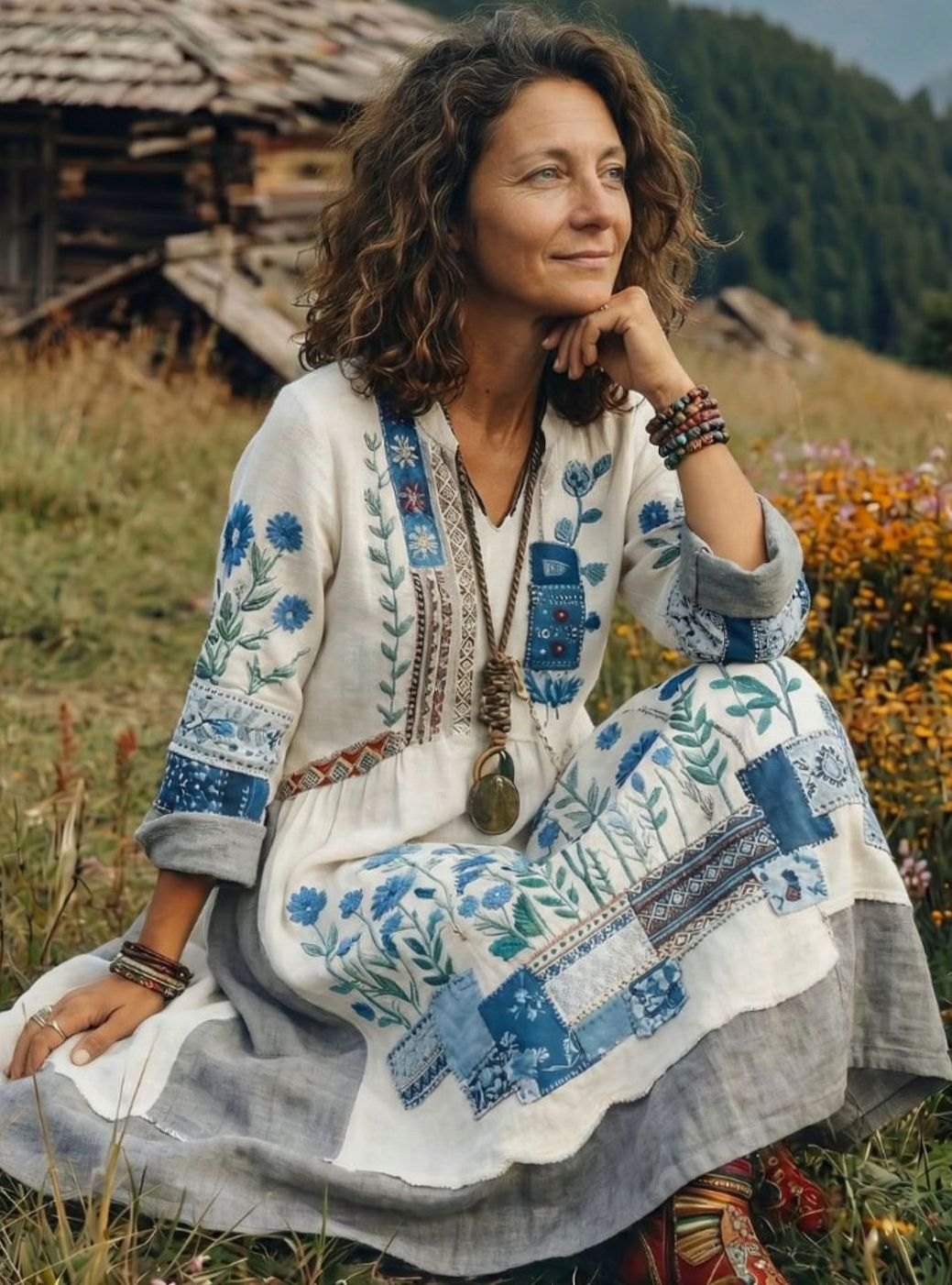 Women's Boho Embroidered Patchwork Long-Sleeve Midi Dress