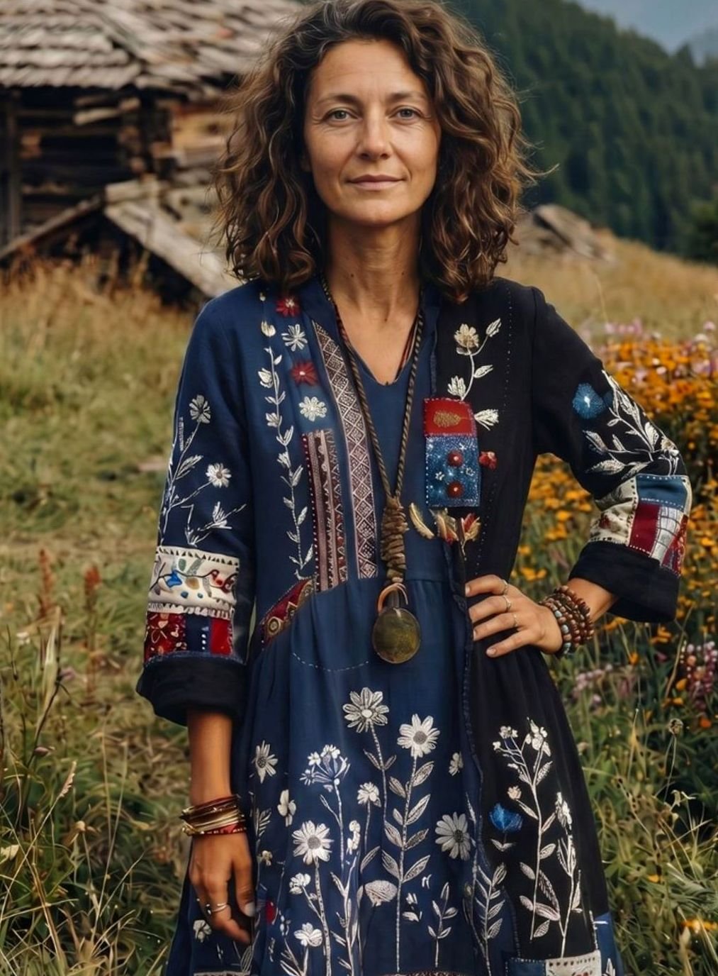 Women's Boho Embroidered Patchwork Long-Sleeve Midi Dress