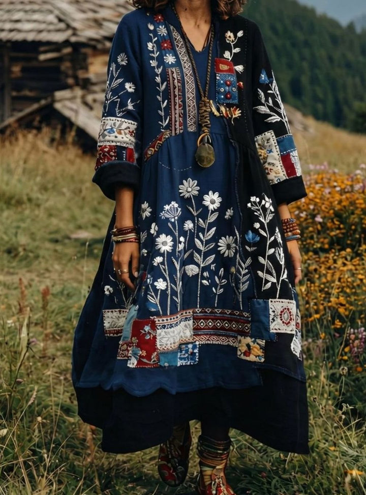 Women's Boho Embroidered Patchwork Long-Sleeve Midi Dress