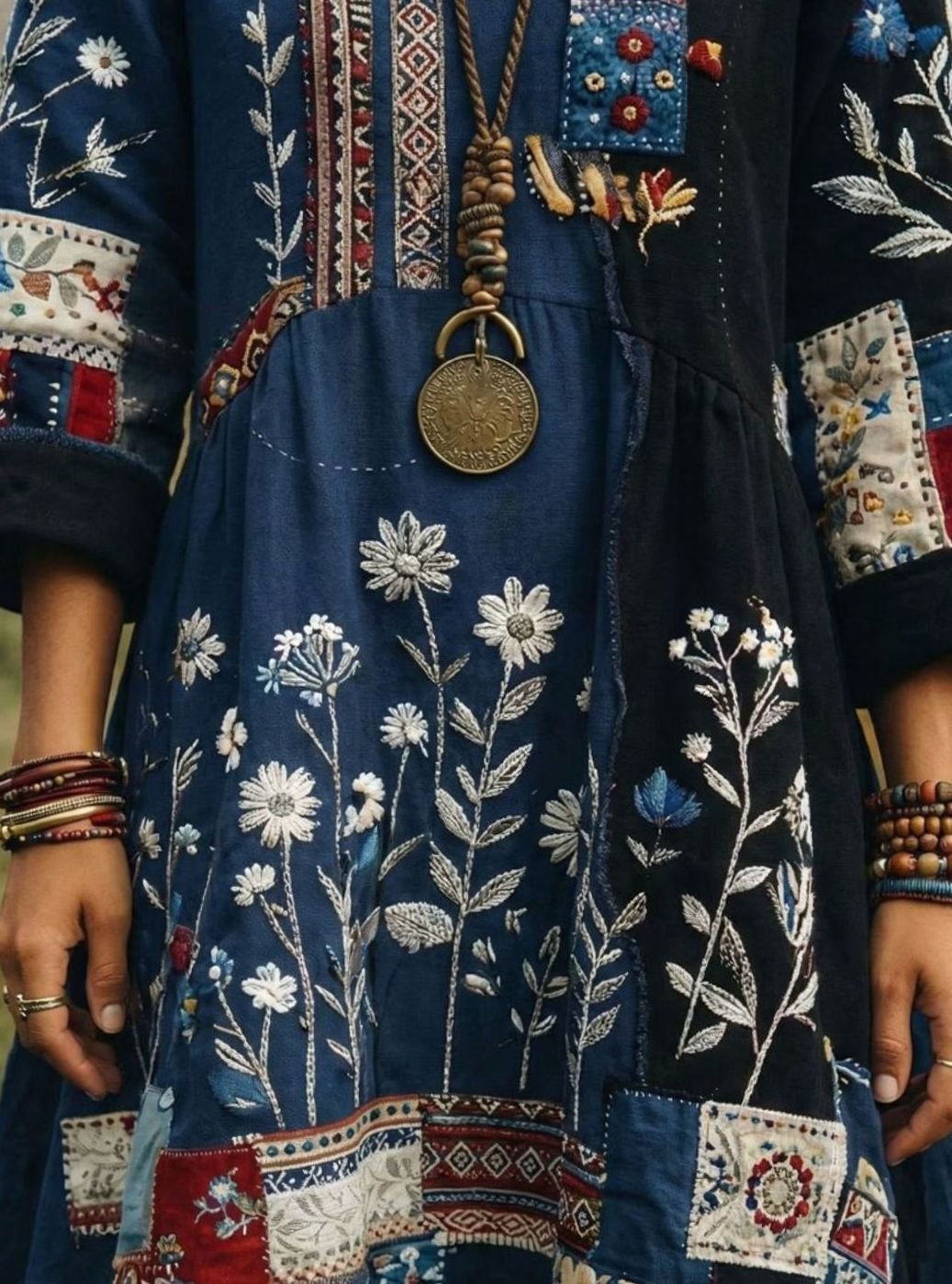 Women's Boho Embroidered Patchwork Long-Sleeve Midi Dress