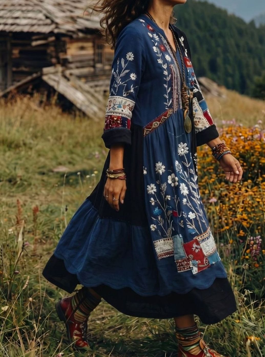 Women's Boho Embroidered Patchwork Long-Sleeve Midi Dress