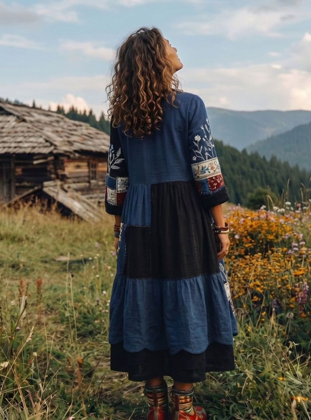 Women's Boho Embroidered Patchwork Long-Sleeve Midi Dress