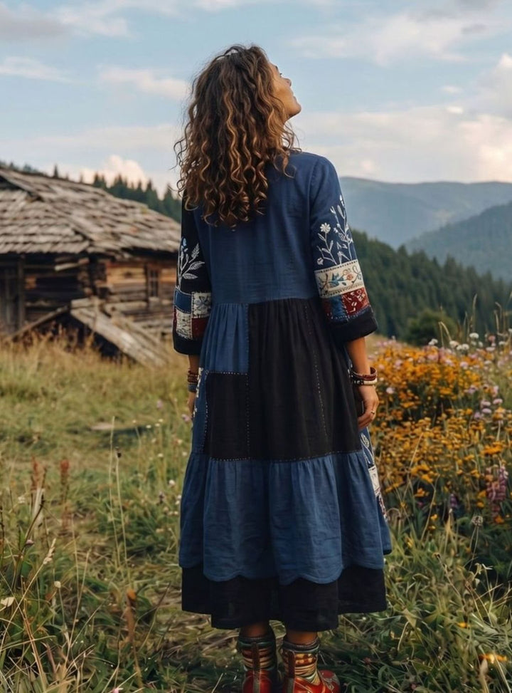 Women's Boho Embroidered Patchwork Long-Sleeve Midi Dress