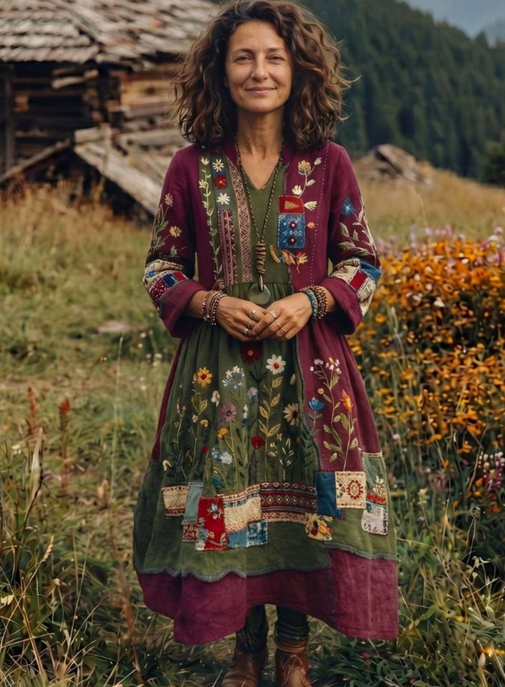 Women's Boho Embroidered Patchwork Long-Sleeve Midi Dress
