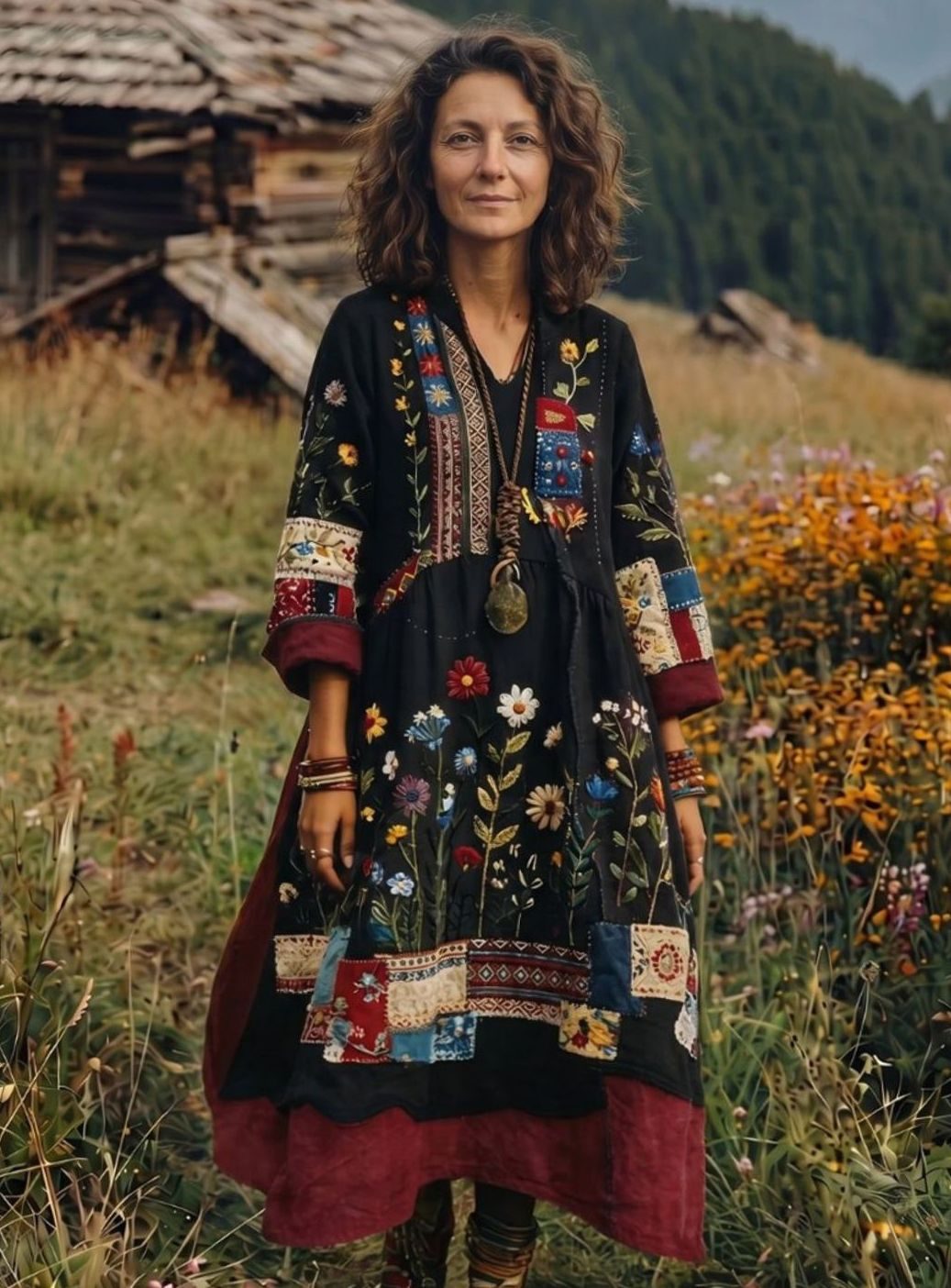 Women's Boho Embroidered Patchwork Long-Sleeve Midi Dress