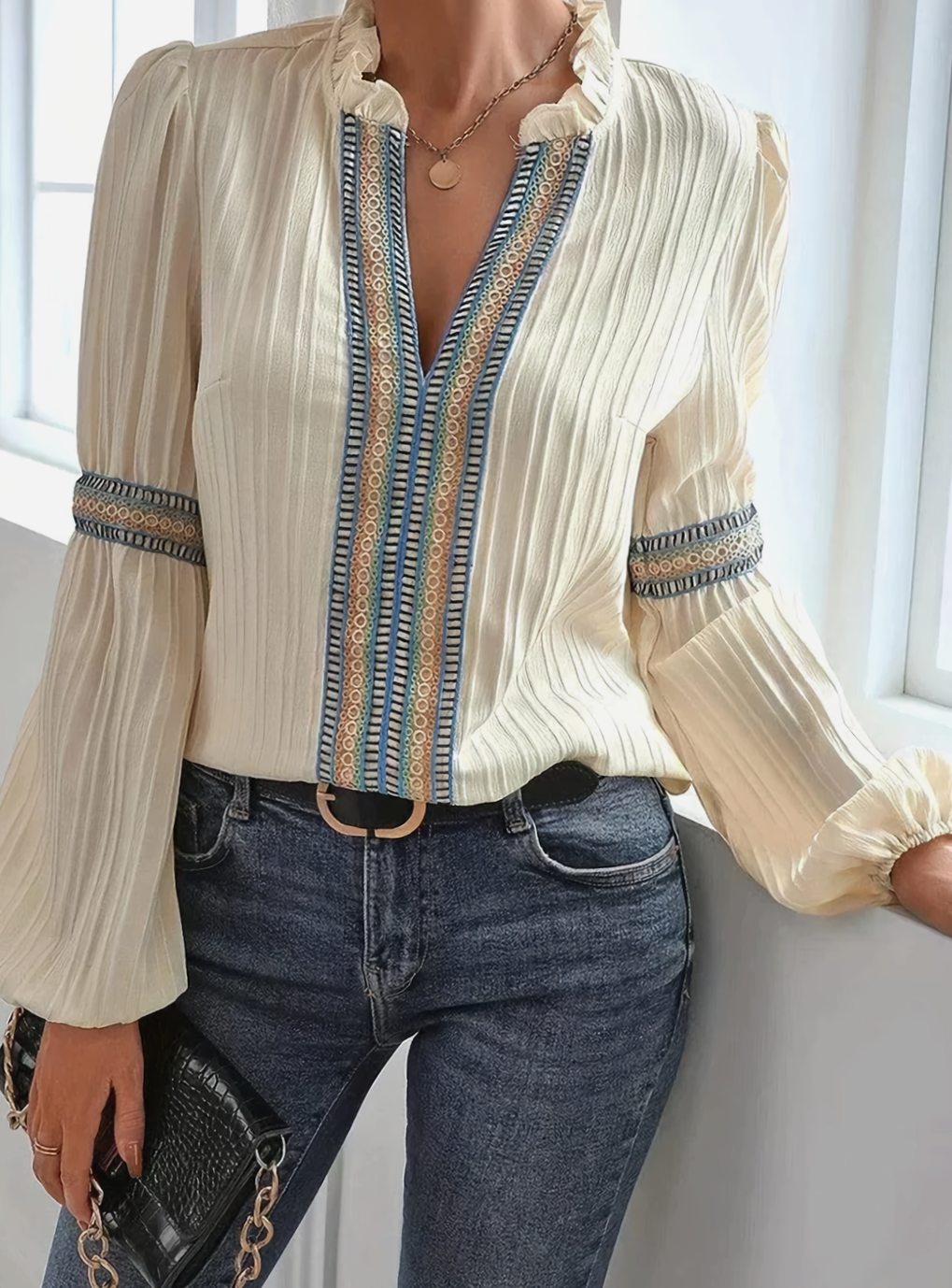Women's Boho Embroidered Trim Frill-Neck Lantern Sleeve Blouse