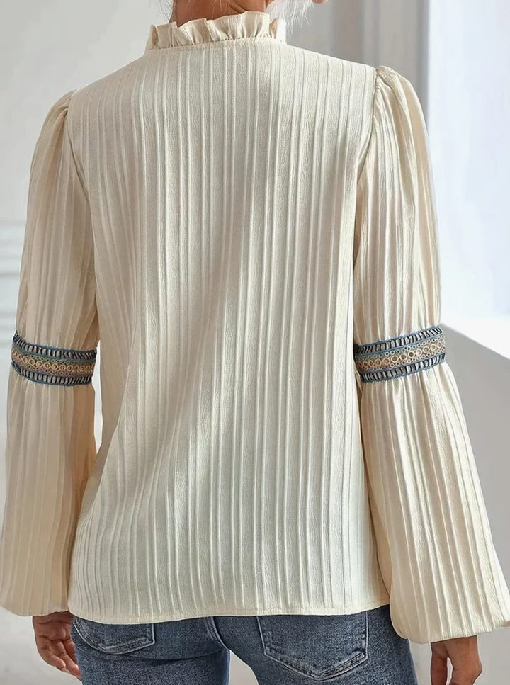 Women's Boho Embroidered Trim Frill-Neck Lantern Sleeve Blouse
