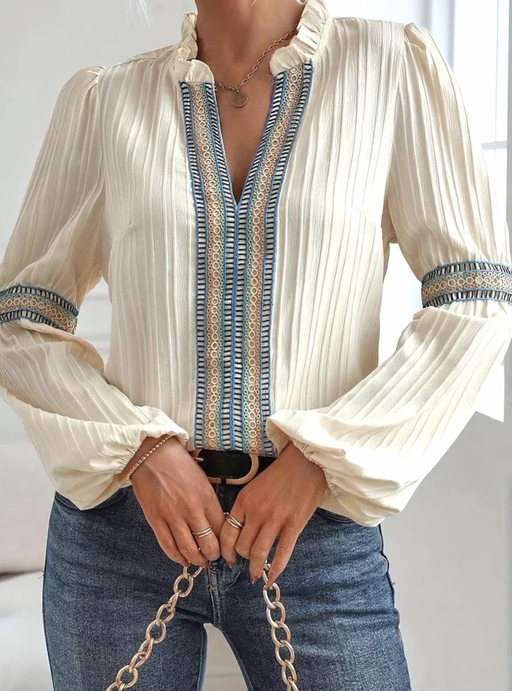 Women's Boho Embroidered Trim Frill-Neck Lantern Sleeve Blouse