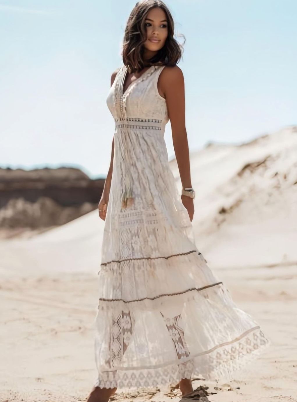 Women's Boho Lace V-Neck Sleeveless Maxi Dress Side Split