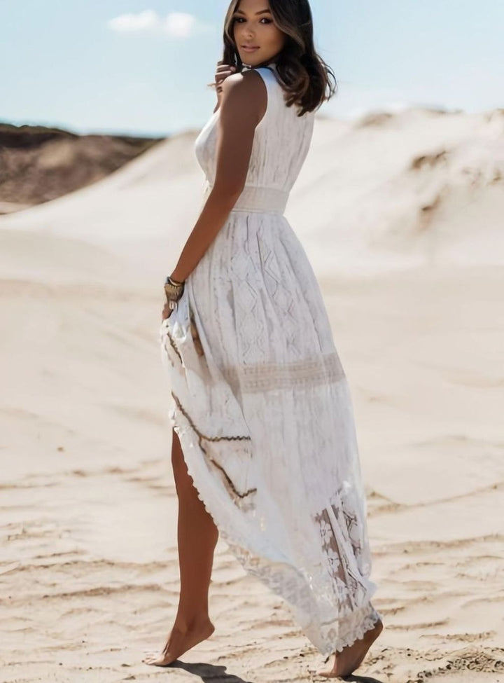 Women's Boho Lace V-Neck Sleeveless Maxi Dress Side Split