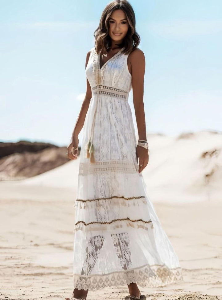 Women's Boho Lace V-Neck Sleeveless Maxi Dress Side Split - White