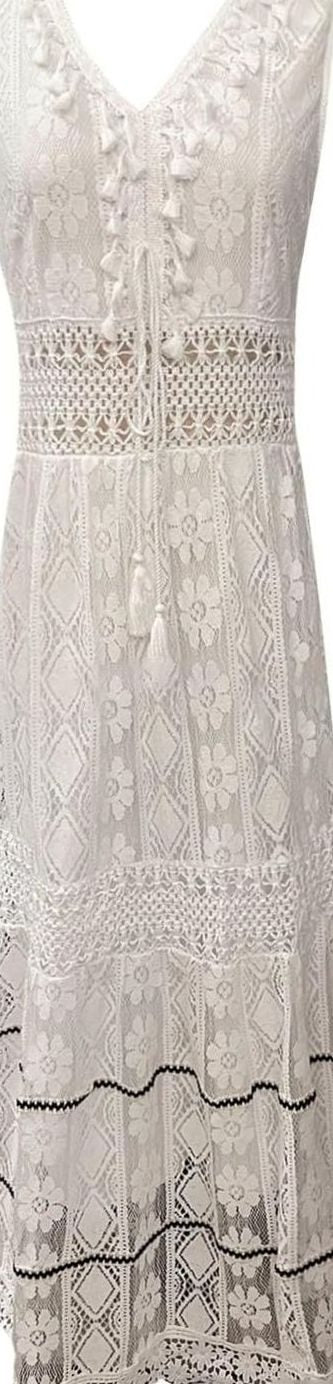 Women's Boho Lace V-Neck Sleeveless Maxi Dress Side Split