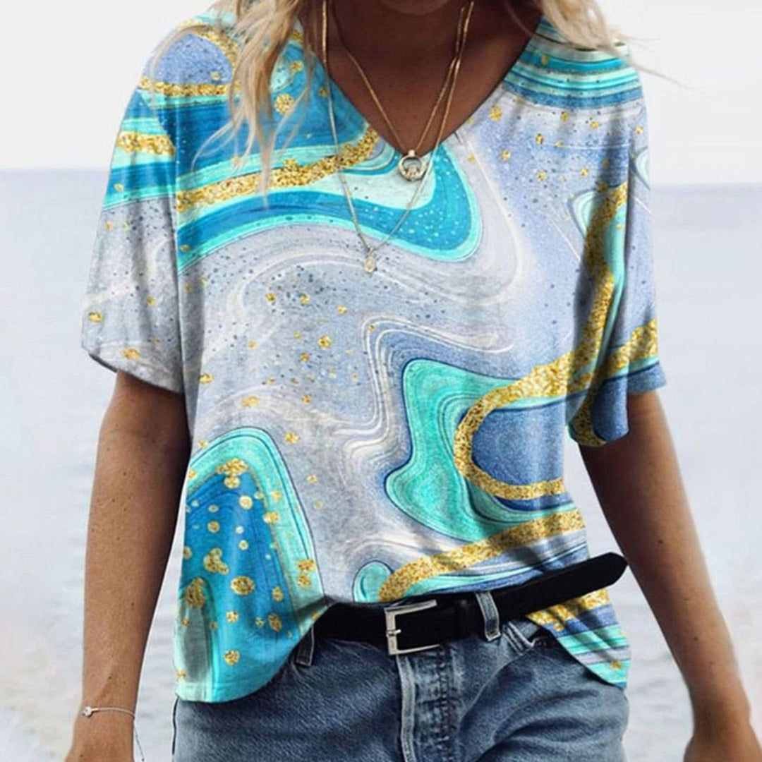 Women's Boho Marble Print V-Neck Loose Fit Short Sleeve T-Shirt - Glacier