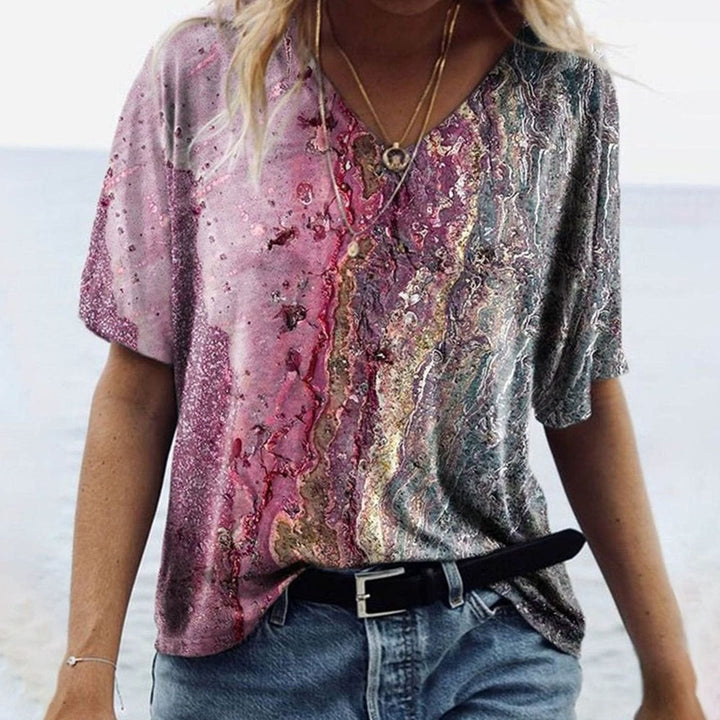 Women's Boho Marble-Print V-Neck Loose Fit Short-Sleeve Top - Pink Beach