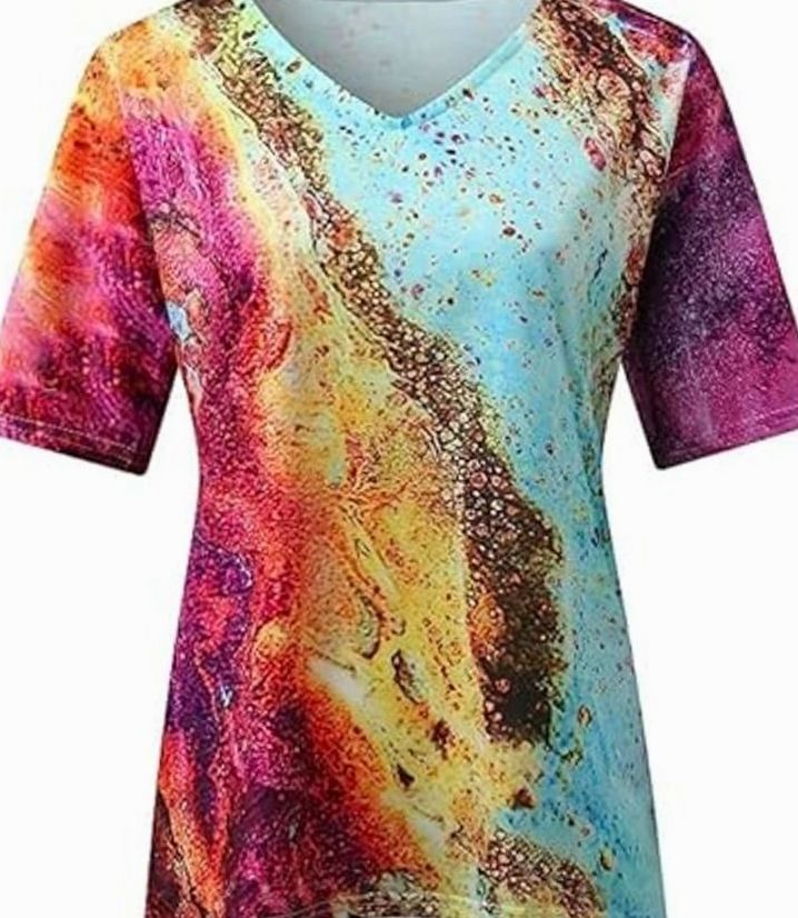 Women's Boho Marble-Print V-Neck Loose Fit Short-Sleeve Top