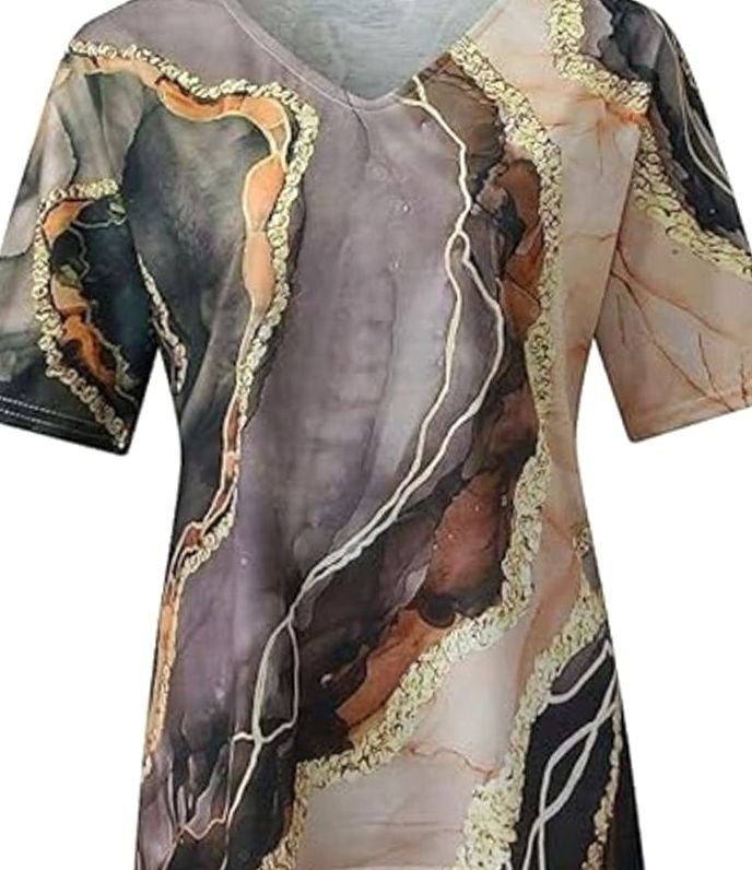 Women's Boho Marble-Print V-Neck Loose Fit Short-Sleeve Top