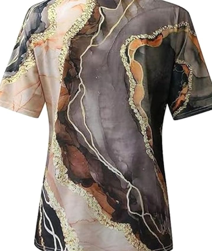 Women's Boho Marble-Print V-Neck Loose Fit Short-Sleeve Top