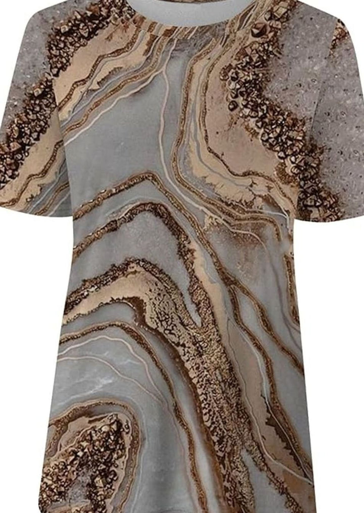 Women's Boho Marble-Print V-Neck Loose Fit Short-Sleeve Top
