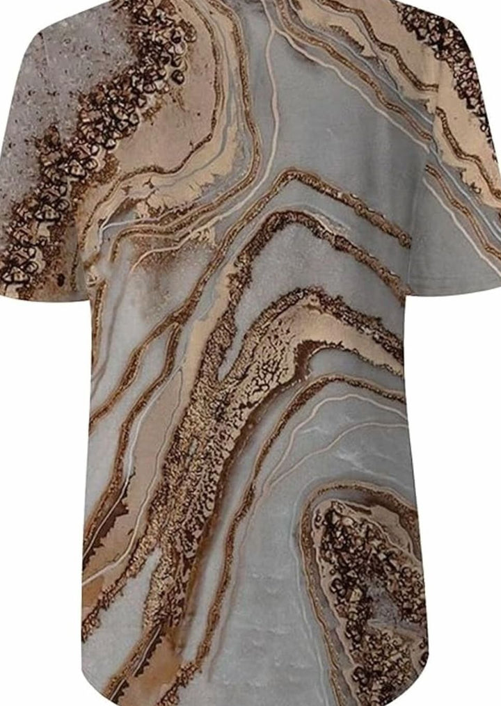Women's Boho Marble-Print V-Neck Loose Fit Short-Sleeve Top