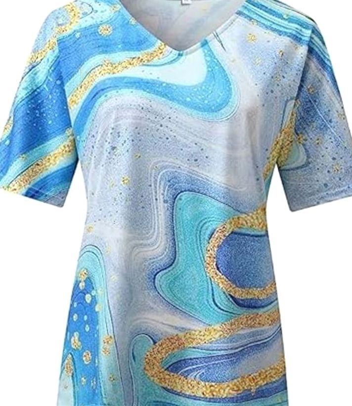 Women's Boho Marble-Print V-Neck Loose Fit Short-Sleeve Top