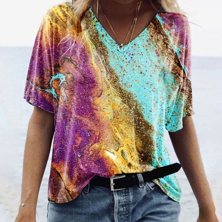 Women's Boho Marble-Print V-Neck Loose Fit Short-Sleeve Top - Colourful Beach