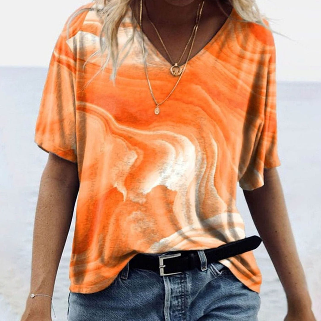 Women's Boho Marble-Print V-Neck Loose Fit Short-Sleeve Top - Venus Landscape