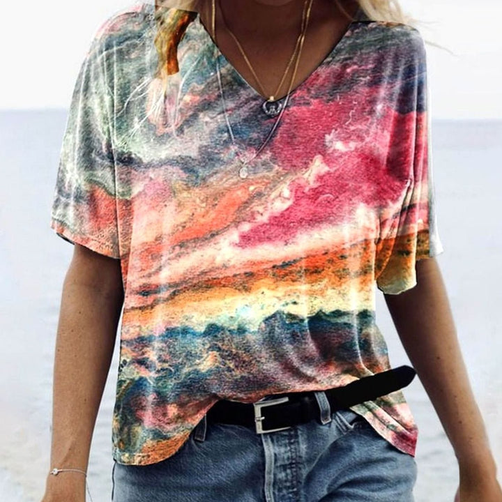 Women's Boho Marble-Print V-Neck Loose Fit Short-Sleeve Top - Sedona Sunset