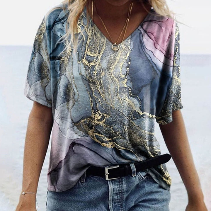 Women's Boho Marble-Print V-Neck Loose Fit Short-Sleeve Top - Dreamworld