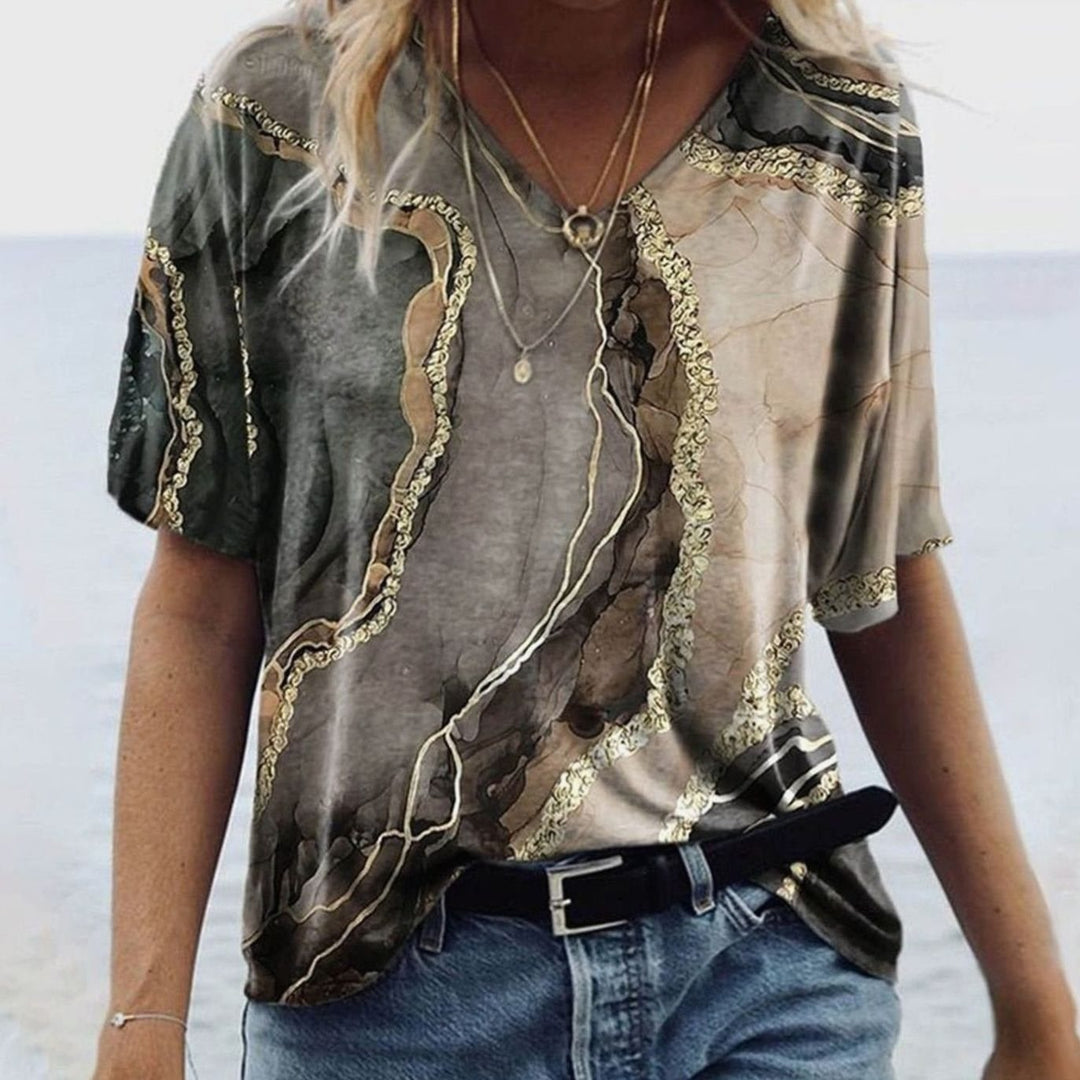 Women's Boho Marble-Print V-Neck Loose Fit Short-Sleeve Top - Desert Landscape