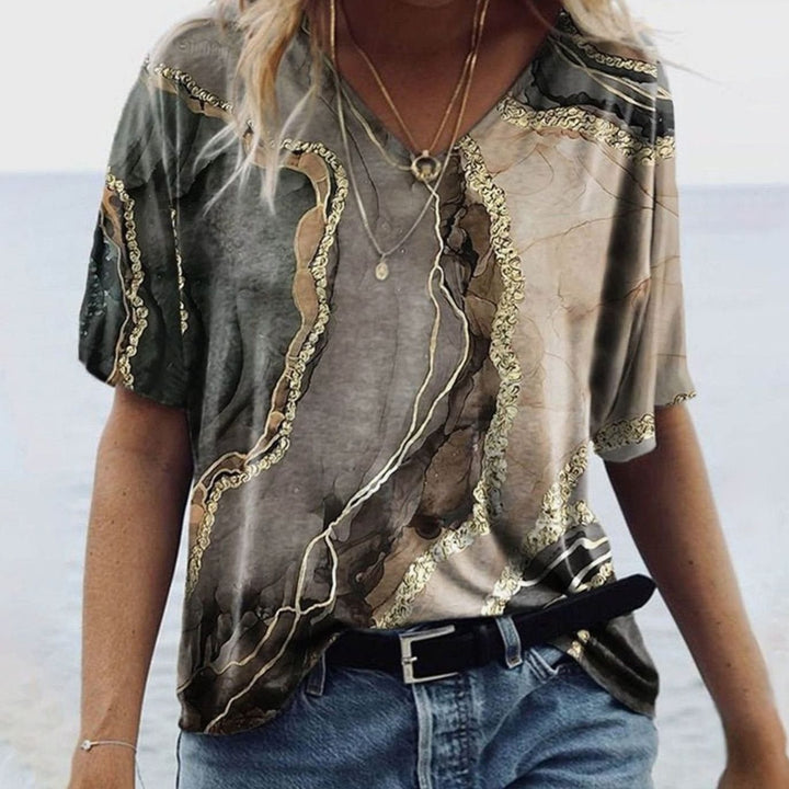 Women's Boho Marble-Print V-Neck Loose Fit Short-Sleeve Top - Desert Landscape