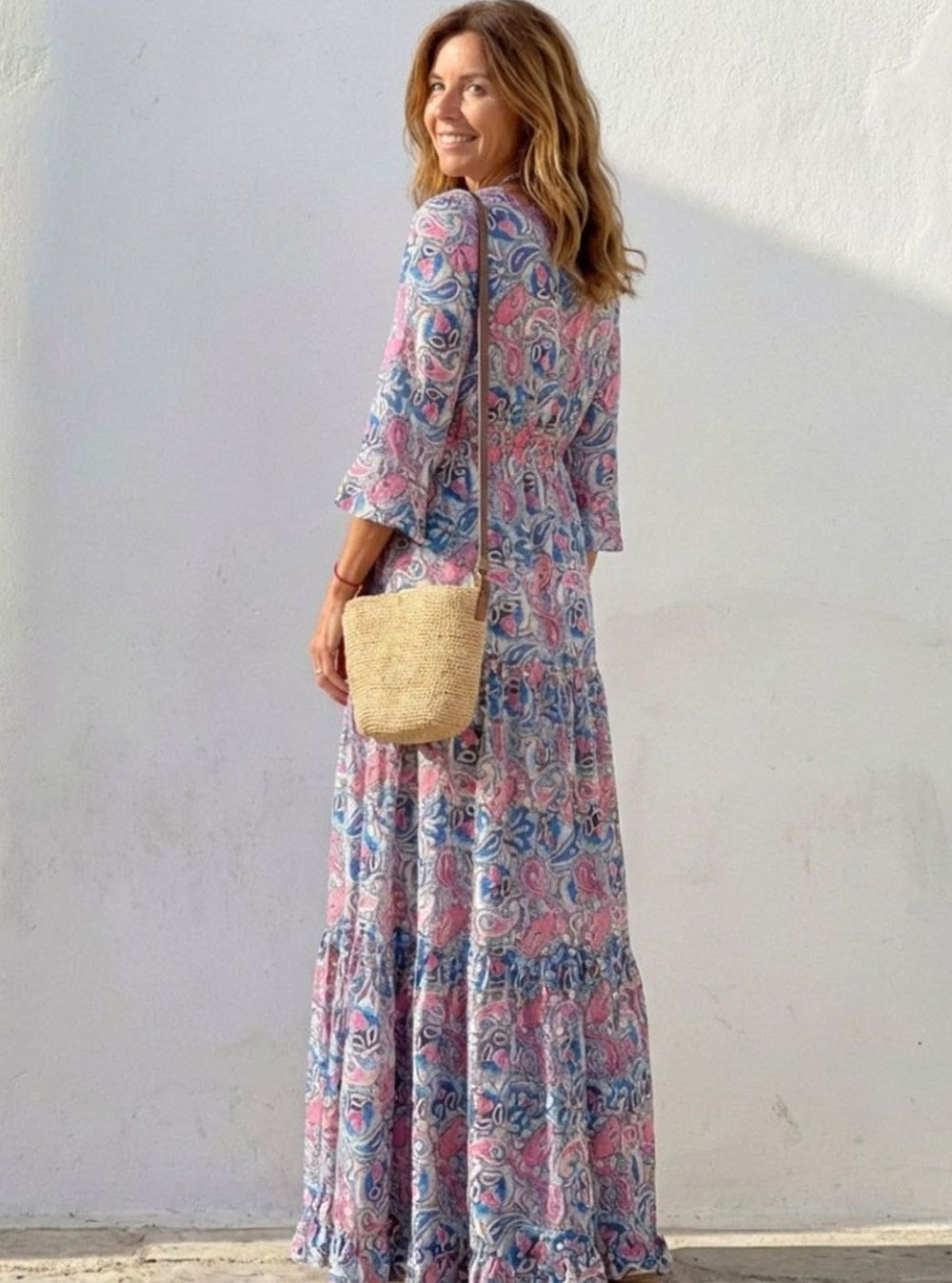 Women's Boho Paisley V-Neck Elasticated-Waist Tiered Maxi Dress