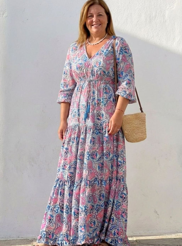 Women's Boho Paisley V-Neck Elasticated-Waist Tiered Maxi Dress