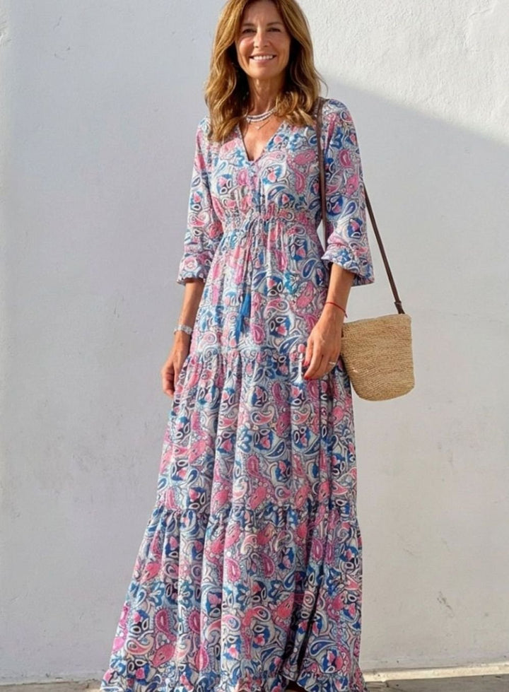 Women's Boho Paisley V-Neck Tiered Maxi Dress