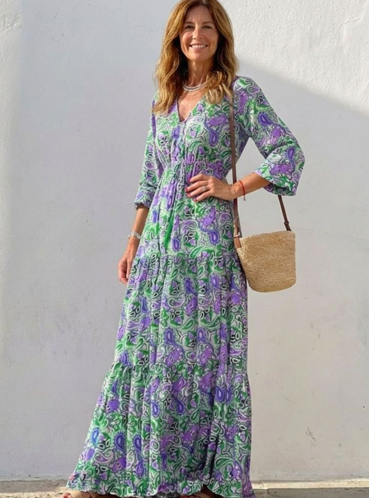 Women's Boho Paisley V-Neck Tiered Maxi Dress