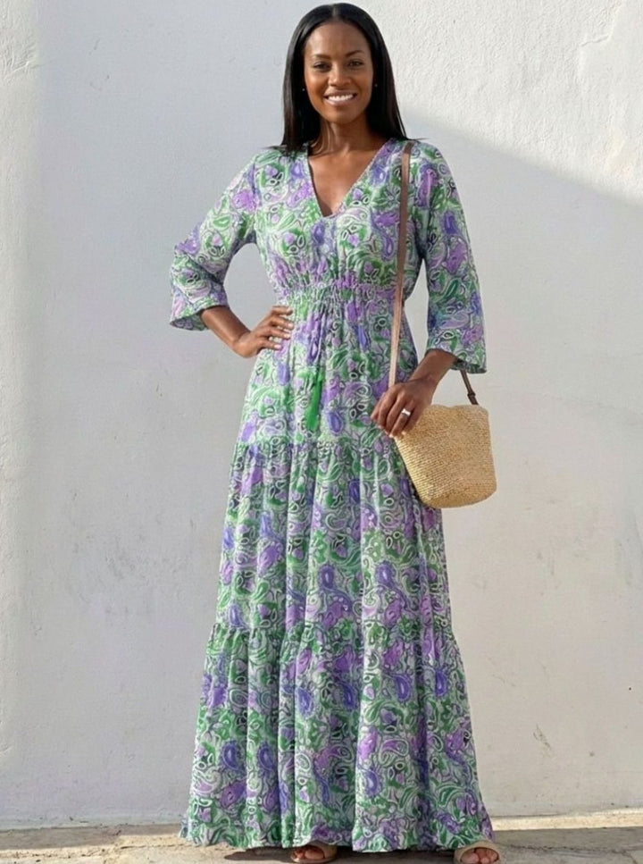 Women's Boho Paisley V-Neck Tiered Maxi Dress