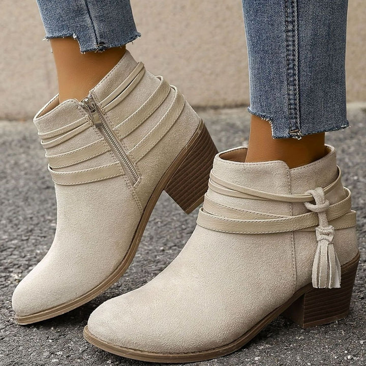 Women's Boho Tassel-Strap Block Heel Suede Ankle Boots