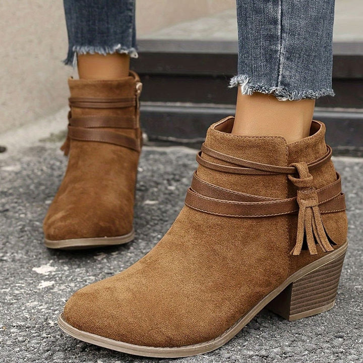 Women's Boho Tassel-Strap Block Heel Suede Ankle Boots