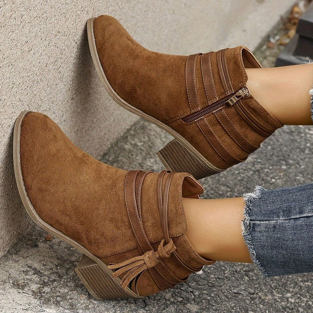 Women's Boho Tassel-Strap Block Heel Suede Ankle Boots - Brown
