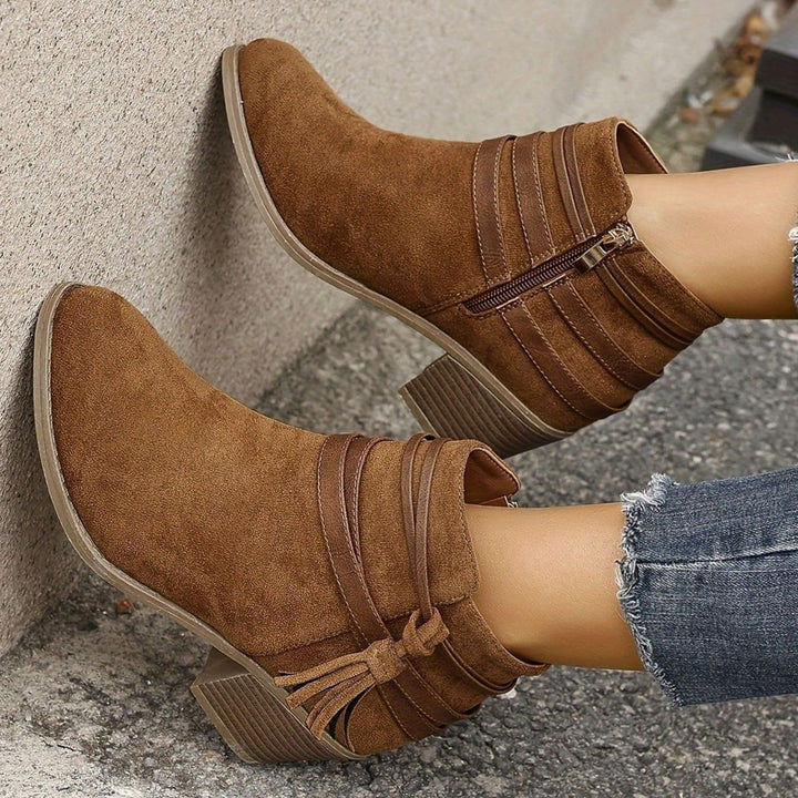 Women's Boho Tassel-Strap Block Heel Suede Ankle Boots - Brown