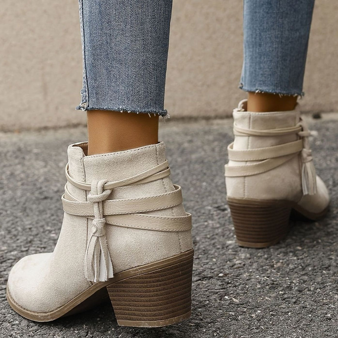 Women's Boho Tassel-Strap Block Heel Suede Ankle Boots