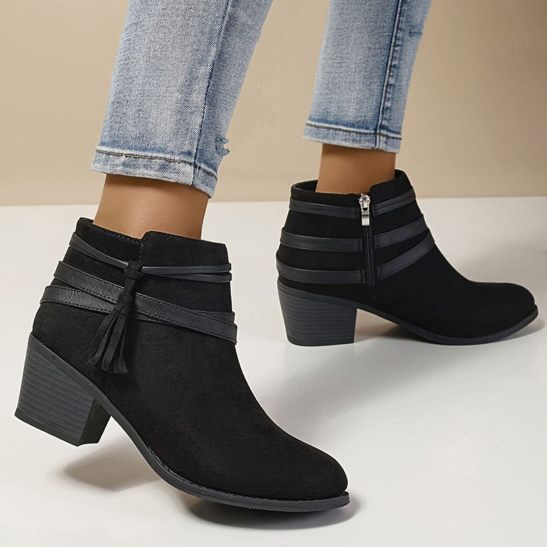 Women's Boho Tassel-Strap Block Heel Suede Ankle Boots