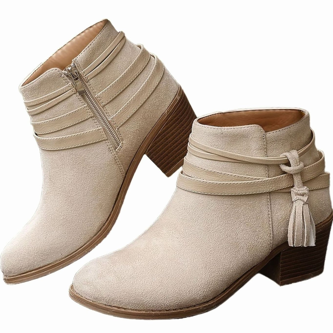 Women's Boho Tassel-Strap Block Heel Suede Ankle Boots - Beige